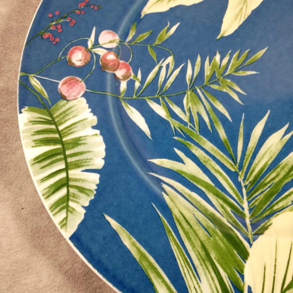 Vintage Mikasa Tropical Garden Blue Floral Salad Plates Pink Hibiscus Tropical‎